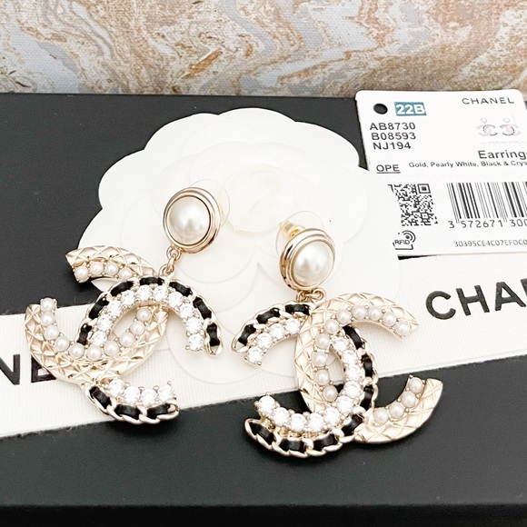 Chanel CC Logo Silver and Black Rhinestone Dangle Earrings